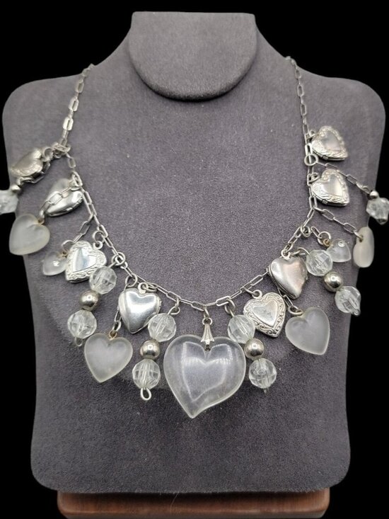 Unbranded Jewelry - Love Choker Necklace 16" Frost Glass 8 Silver Plated Double Photo Locket Charms